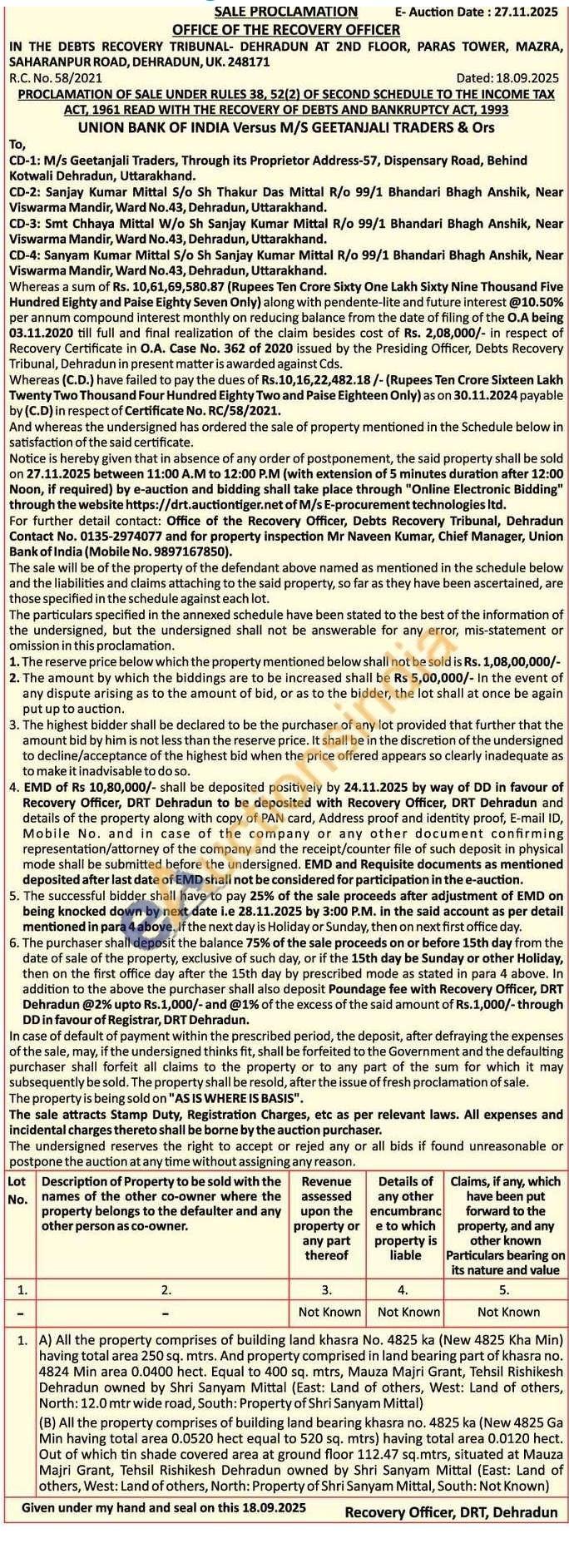Debts Recovery Tribunal Land And Building Auction in Rishikesh, Dehradun