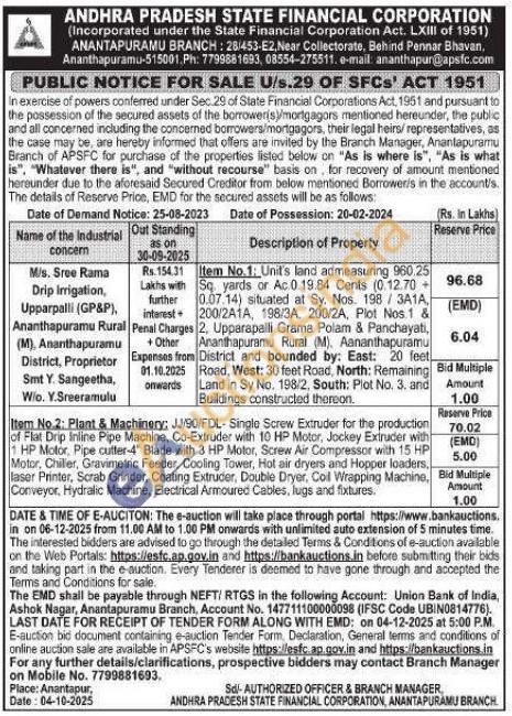 Andhra Pradesh State Financial Corporation Plant & Machinery Auction in Polam, Anantapur