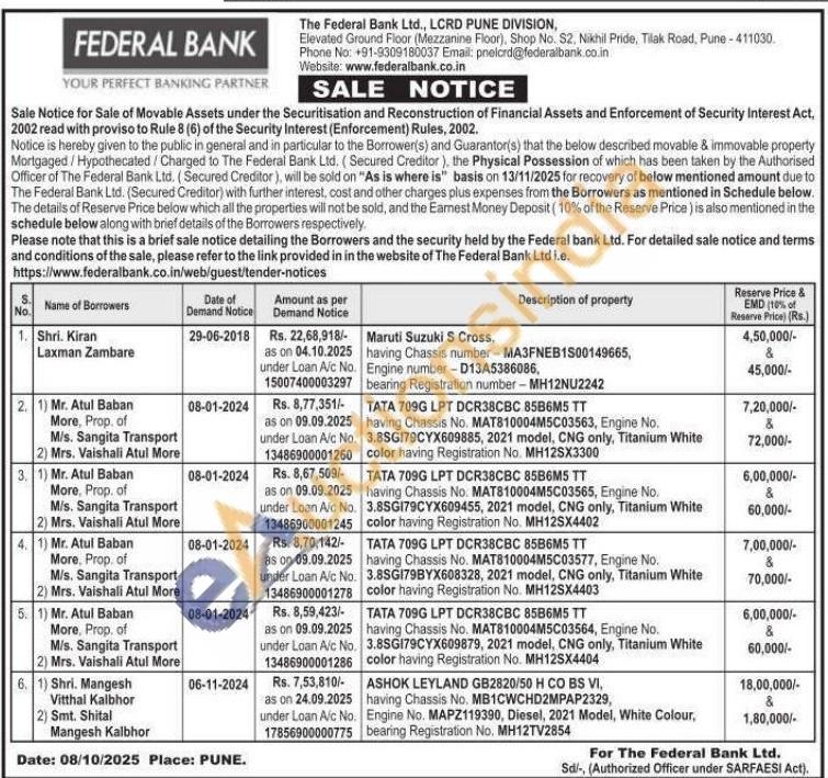 Federal Bank Vehicle Auction in Pune, Pune